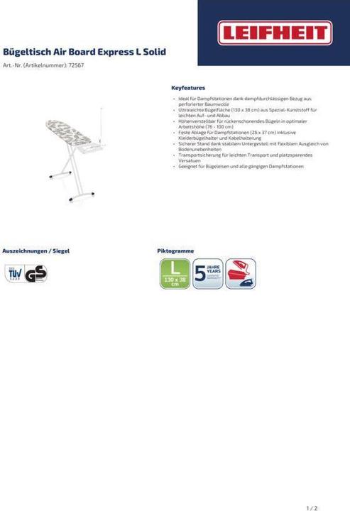 Produktbild Leifheit Bügeltisch Air Board Express L Solid (130 x 38 cm)