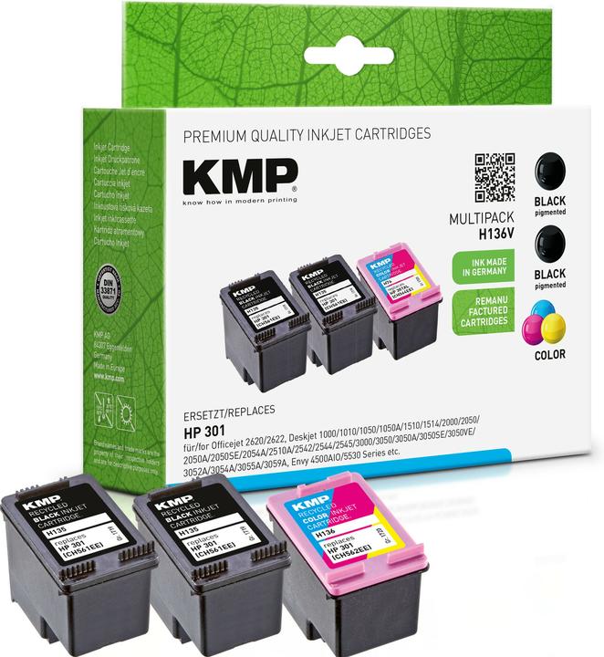Actual product image KMP 3 H136V black, colour ink cartridges replace HP 301 E5Y87EE