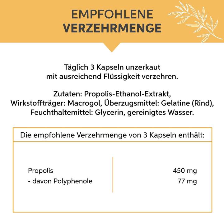 Nährwerte und Zutaten Eltabia Propolis Kapseln | Hochdosiert 450mg Tagesdosis | Natürliches Bienenharz (200 Stück, Kapseln)