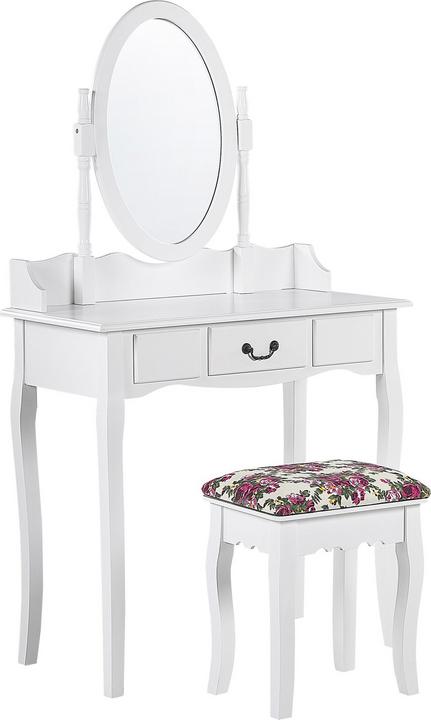 Beliani Schminktisch mit ovalem Spiegel Hocker 1 Schublade weiss SOLEIL (39 x 30 x 47 cm)