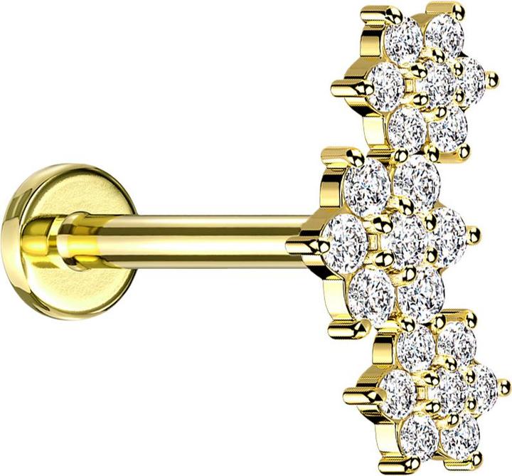 Actual product image Star Piercing Micro labret inner thread gold-plated three flowers crystals silver (Brass, Surgical steel 316L)