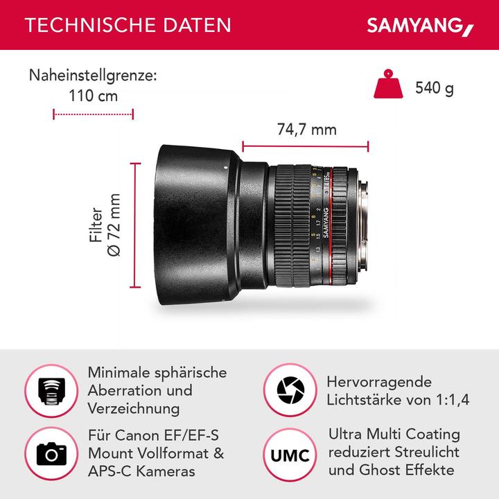 Produktbild Samyang 85mm f/1.4 AS IF UMC Canon EF (Canon EF, Vollformat)