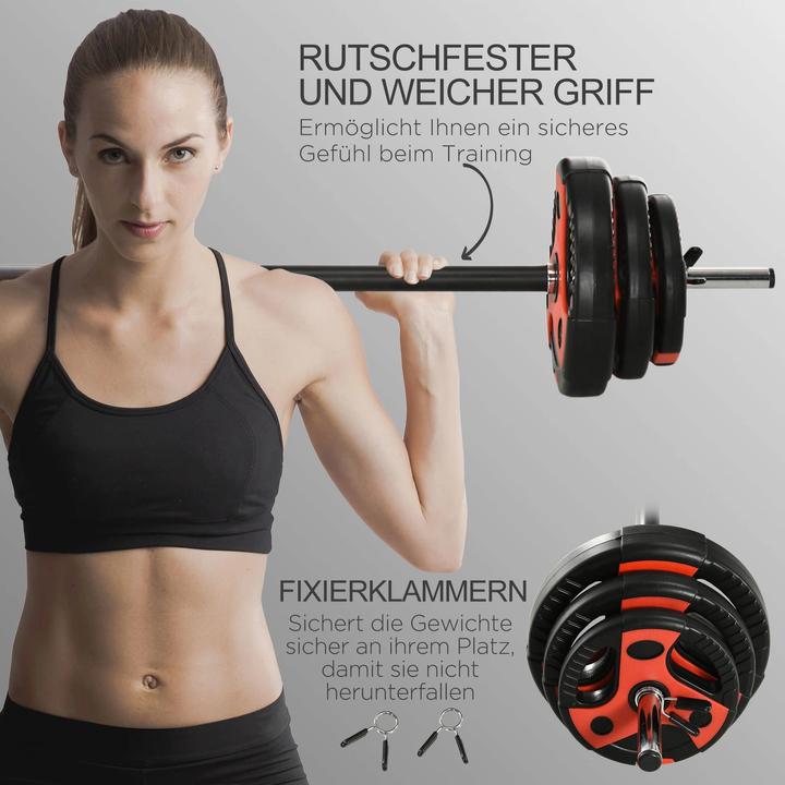 Produktbild Homcom Langhantel-Set 20 kg, inkl. 6 Hantelscheiben, rutschfeste Stange, schwarz+rot (2 x 5 kg)