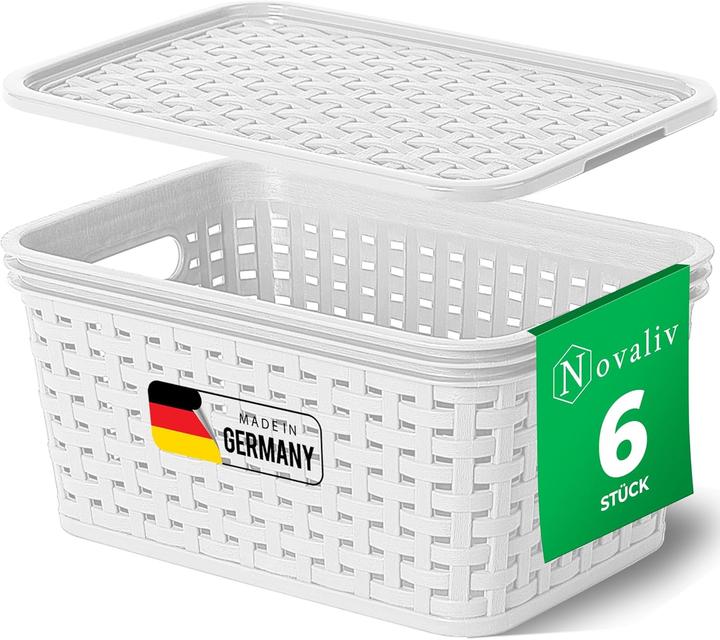 Produktbild Novaliv 6er Set Aufbewahrungsboxen mit Deckel Mini 2L Korb Weiss in Rattan Design Lebensmittelecht Au (20 x 14 x 10 cm, 2 l)