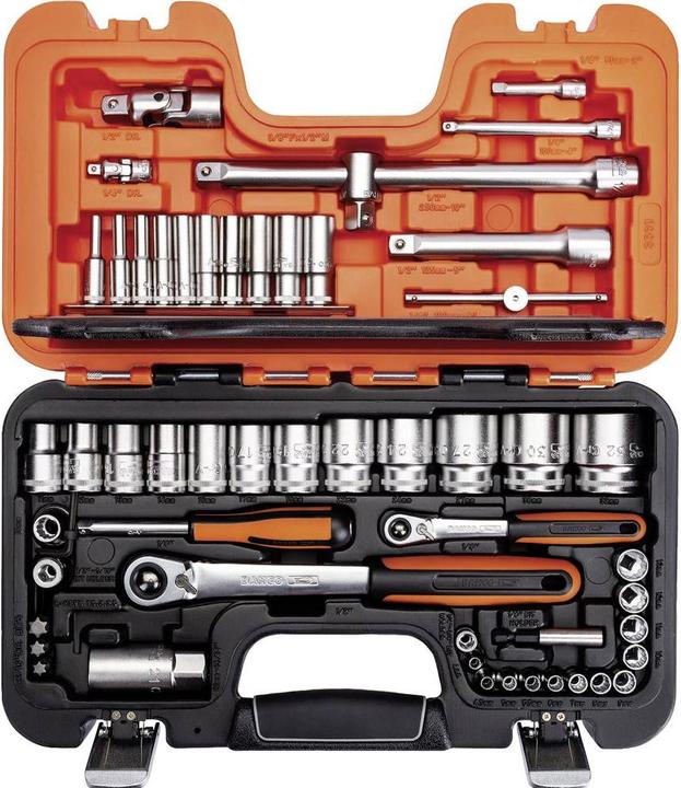 Produktbild Bahco 1/4"- und 1/2"-Steckschlüssel-Satz, metrisch, Doppelsechskant, inklusive Umschaltknarre mit schla (1/2")