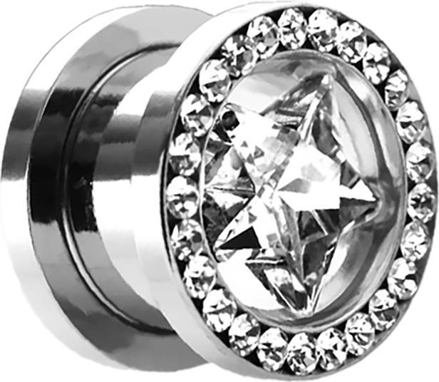 Produktbild Star Piercing Flesh Tunnel silber mit Kristall silber und Stern (ohne Messing, Chirurgenstahl 316L)