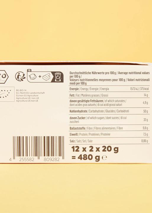Valeurs nutritives et ingrédients KoRo Biscuit bio à l'avoine fourré à la framboise et enrobé de chocolat noir (480 g)
