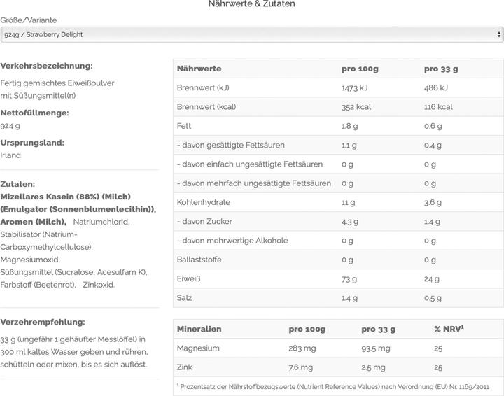 Valori nutrizionali e ingredienti Optimum Nutrition 100% proteine di caseina (Deliziosa Fragola, 1 pz., 924 g)