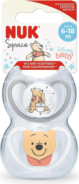 Actual product image NUK Disney Winnie the Pooh Space silicone soother, orthodontic shape, 6-18 months, 2 pieces, grey & (2 x, 6 - 18 M.)