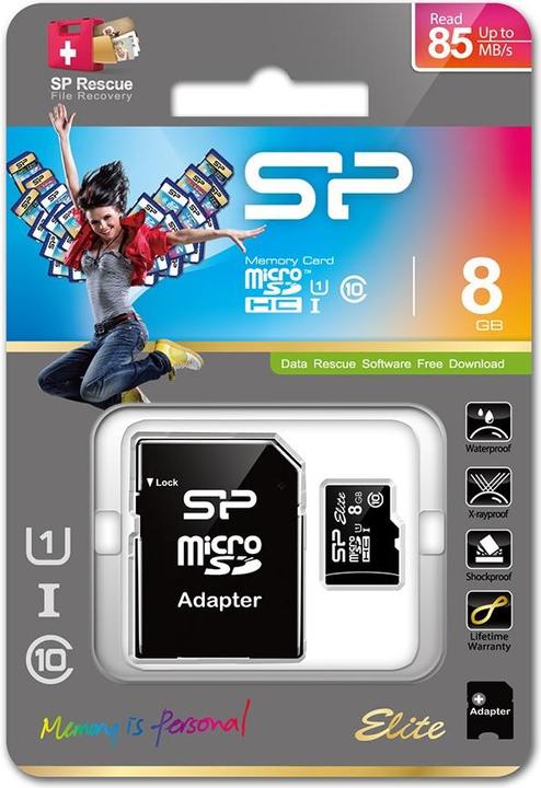 Actual product image Silicon Power Elite UHS-I 8GB microSDHC Ad. (8 GB, microSDHC, U1, UHS-I)