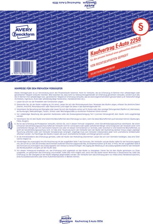 Image du produit Avery Contrat d'achat pour la vente privée d'un véhicule électrique/voiture d'occasion (4 x)