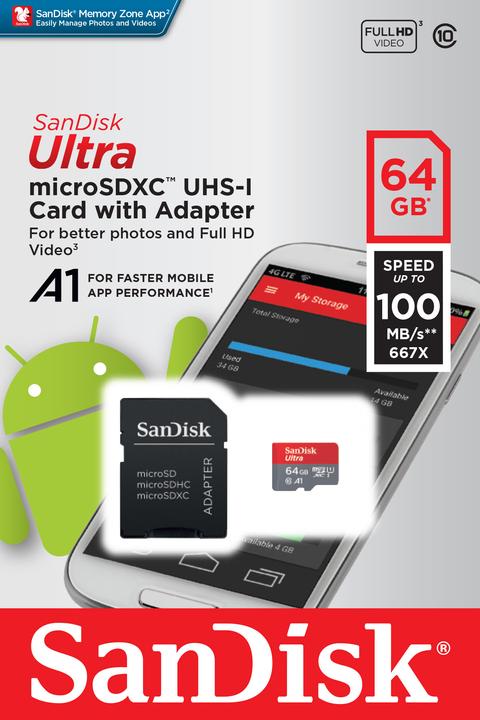 Actual product image SanDisk Ultra microSD A1 (64 GB, microSDXC, U1, UHS-I)