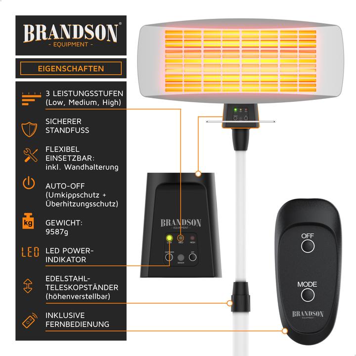 Produktbild Brandson Infrarotstrahler Heizstrahler mit Fernbedienung & Wandhalterung, Terrassenheizstrahler, 1800 W (2000 W)