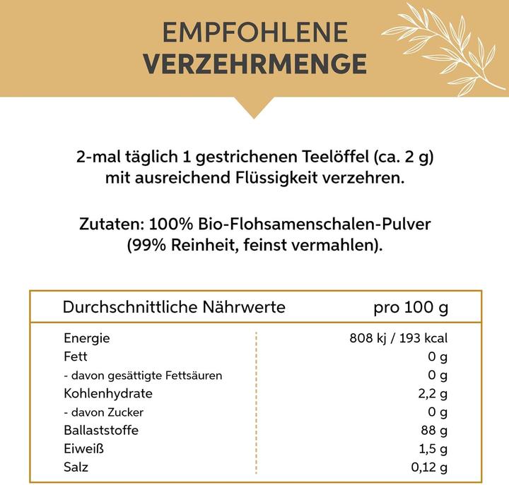 Valeurs nutritives et ingrédients Eltabia Poudre de peaux de psyllium bio | 99% de pureté Peaux de psyllium moulues (200 pièce(s), Poudre, 200 g)