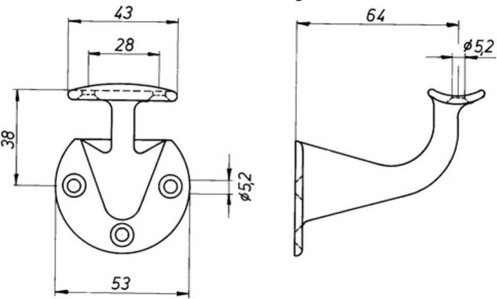 Actual product image Deni Handrail support cast iron black lacquered Diameter wall plate 53 mm curved support