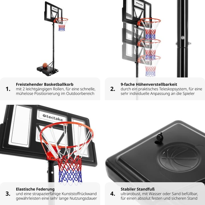 Produktbild tectake Basketballkorb Dirk, Korbhöhe 234 - 302 cm, mit Ball & Pumpe