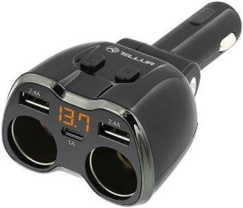 Actual product image Tellur 2 Sockets cigarette lighter splitter, 2xUSB, Type-C
