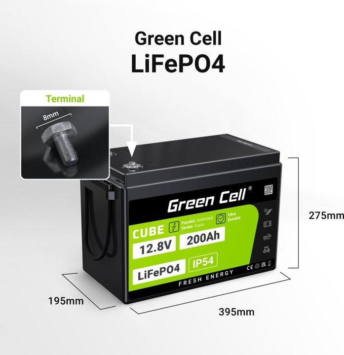 Image du produit GreenCell Green Cell CUBE LiFePO4 battery 200Ah 12.8V 2560Wh lithium iron phosphate battery for motorhomes, so (12.80 V, 200 Ah)