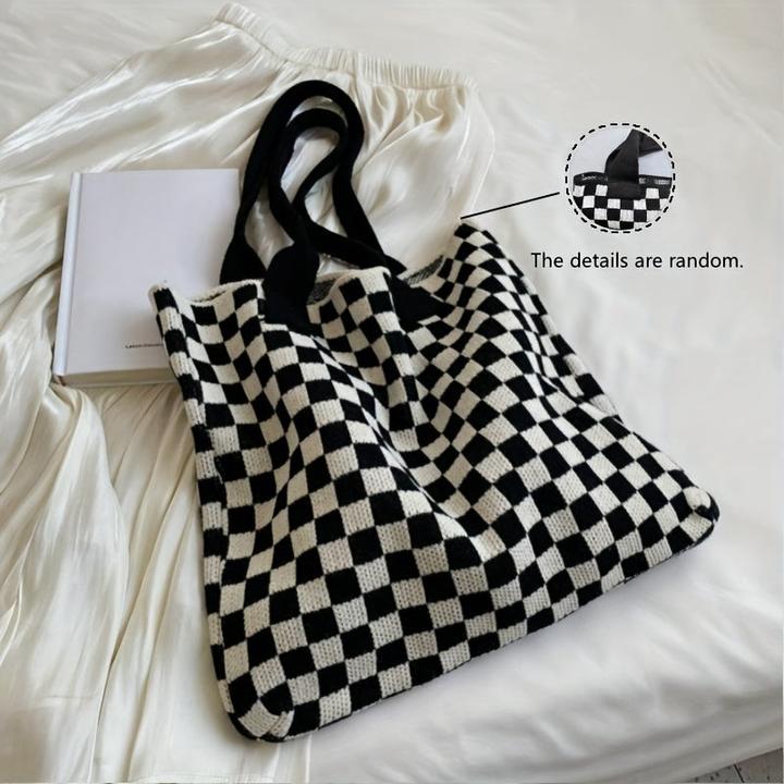Actual product image Only-Bags.Store Plaid Knitted Shoulder Bag, Trendy Plaid Pattern Tote Bag, Large Capacity Handbag for
