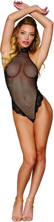 Produktbild Dreamgirl Women's Black Rhinestone Embellished Fishnet Halter Teddy (L)
