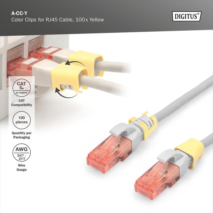 Immagine prodotto Digitus Clip colorate per cavi RJ45 Colore giallo, confezione da 100 pezzi