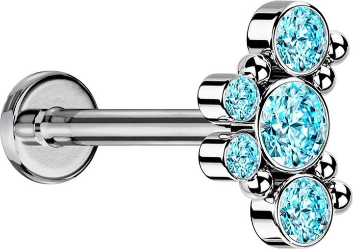 Actual product image Star Piercing Micro Labret internal thread silver six balls five crystals aqua (without brassTitanium G23, Surgical steel 316Without brass)