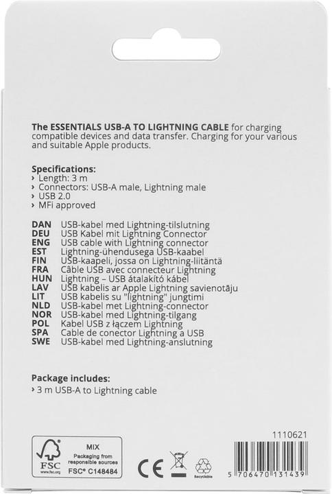 Actual product image Essentials USB-A - Lightning Cable, MFi, 3m, White (3 m)