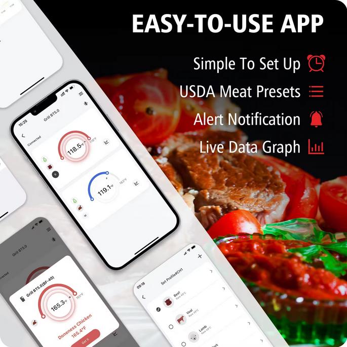 Immagine prodotto PhoneLook BFOUR Termometro intelligente Bluetooth per carne doppio BF-40 Batteria ecologica al litio Display