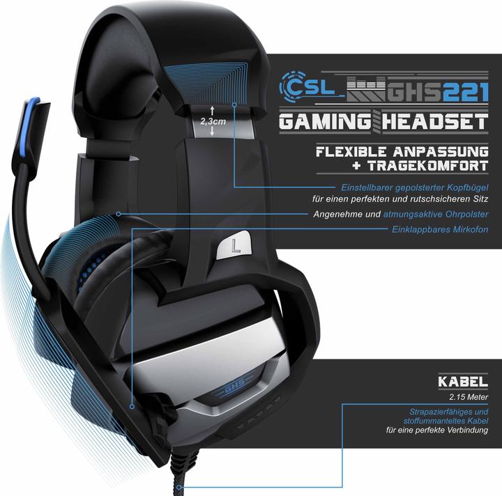Actual product image CSL Gaming headset "GHS-221" with microphone & AUX, gaming headset suitable for PC/ PS4/ PS4 Pro (Cable)