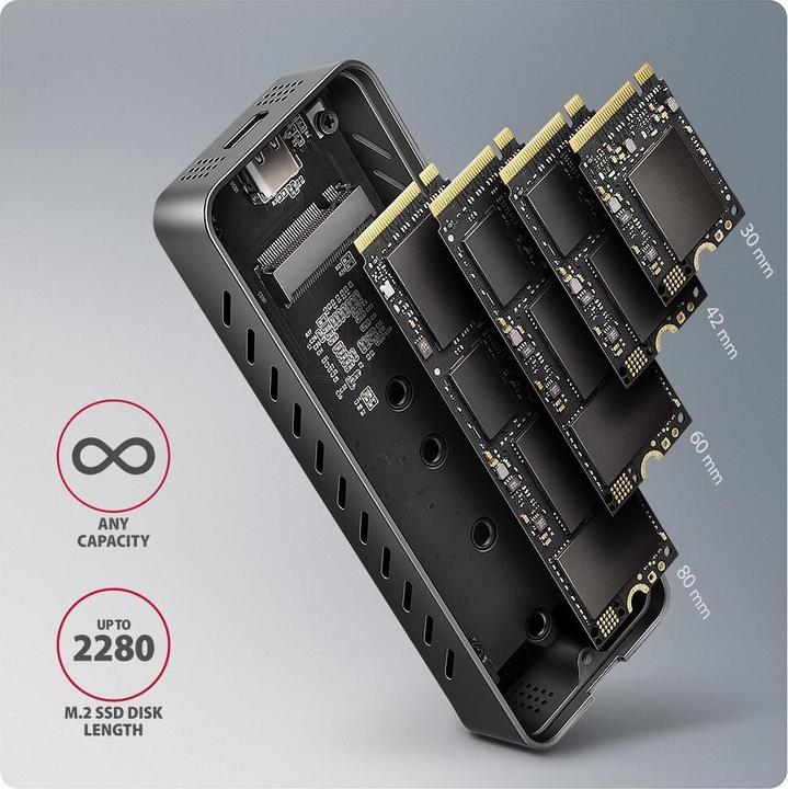 Actual product image Axagon EEM2-20G NVMe SSD enclosure, USB-C 3.2, 20 Gbps, 2230 - 2280 - black (M.2 2230, M.2 2260, M.2 2280, M.2 2242)