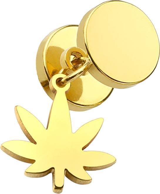 Actual product image Star Piercing Fake Plug vergoldet mit Anhänger Hanfblatt (without brass, Surgical steel 316L)