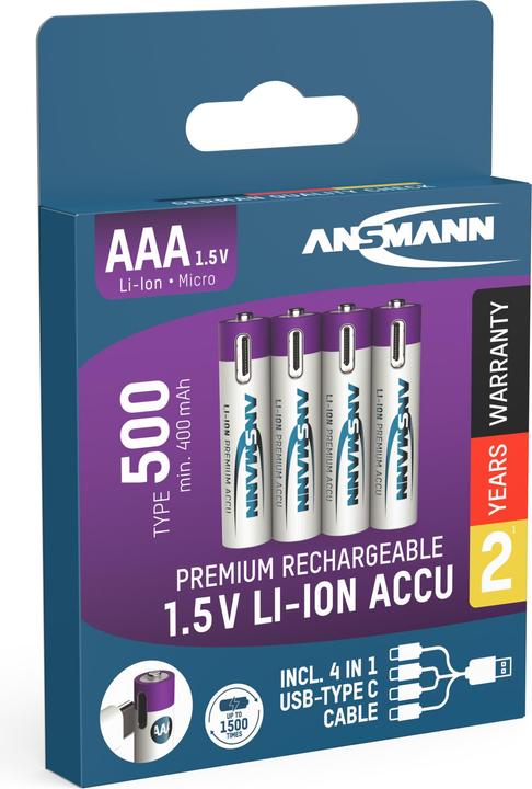 Immagine prodotto Ansmann LR03 USB-C Micro (AAA) batteria ricaricabile Li-Ion 500 mAh 1,5 V 4 pz. (4 pz., AAA, 400 mAh)
