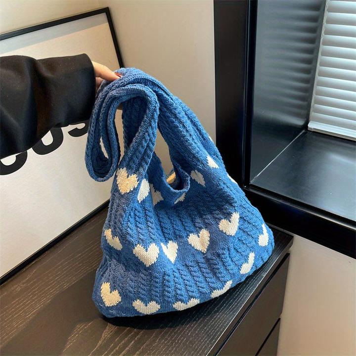 Produktbild Only-Bags.Store Minimalistische Liebe Muster Hobo Tasche, gestrickt Lagerung Einkaufstasche, leichte Urlaub Tasche