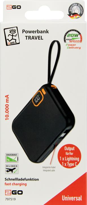 Actual product image 2GO Powerbank Travel 10000mAh USB-C (10000 mAh, 42.50 W, 42.50 Wh)