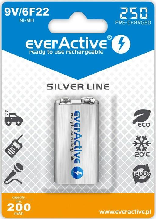 Everactive Rechargeable 6F22 9V 250 mAh (1 Stk., 9V Block, 200 mAh)