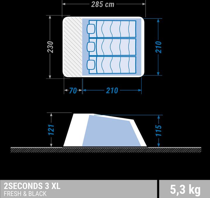 Actual product image Quechua 2 Seconds 3 XL Fresh&Black (Pitching tent, 5.43 kg, 3 persons)