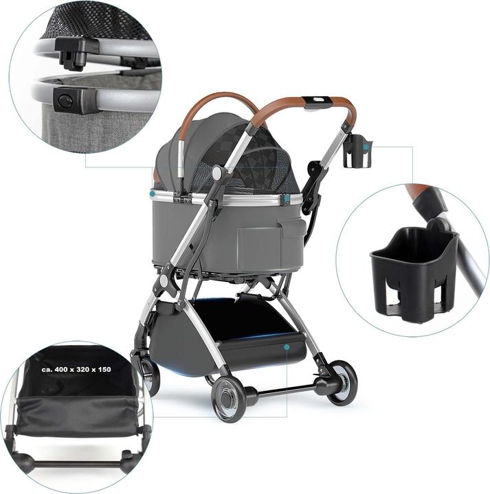 Produktbild Fudajo 2in1 Hundewagen faltbar Hundebuggy Ablage Grau Haustierwagen Katze (Katze, Hund, Atmungsaktiv, Faltbar)