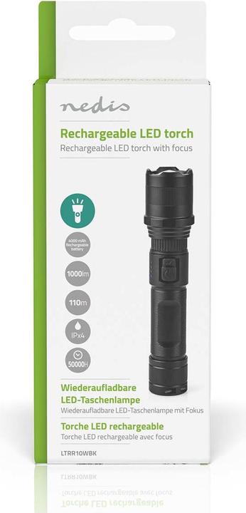 Immagine prodotto Nedis Torcia LED, corpo in metallo, batteria ricaricabile, 3,7 V, 10 W (3.50 cm, 1000 lm)