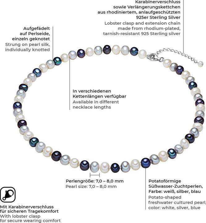 Immagine prodotto Valero Pearls Perle d'acqua dolce da donna in argento sterling multicolore - 2244 (Argento, 60 cm)