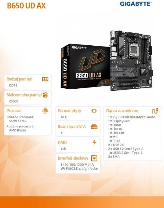 Image du produit Gigabyte B650 UD AX (AM5, AMD B650, ATX)
