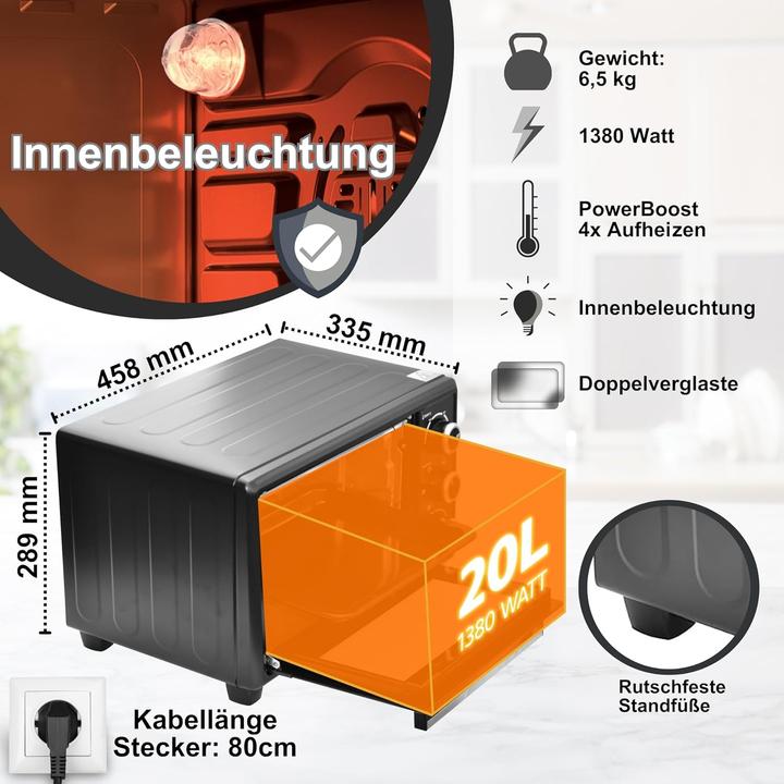 Actual product image OptimumX Vrijstaande Mini Oven 20L Convestie Mini Oven Hetelucht -Timer - Zwart )