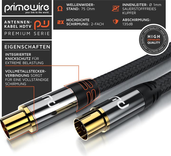 Produktbild Primewire HDTV Antennenkabel mit Braiding, Premium Koaxialkabel 75 Ohm / 135 dB, TV Kabel, 4K HDTV, DVB-T DAB (135 dB, Antennenkabel)