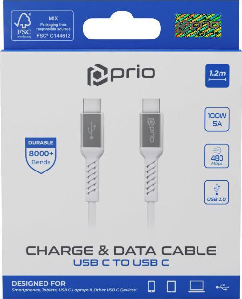 Immagine prodotto prio Cavo di ricarica e sincronizzazione ad alta velocità da USB-C a USB-C, 5 A, 1,2 m, bianco (1.20 m, USB 2.0)