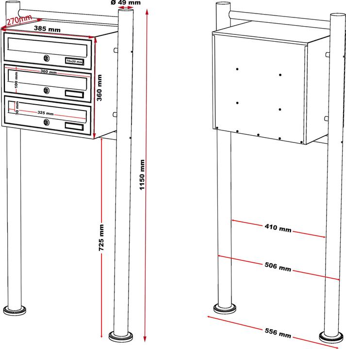 Actual product image Wiltec 3-post letterbox system stainless steel 512x270x1150mm Postal mailbox