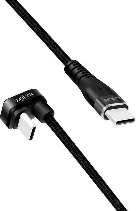 Produktbild LogiLink USB 2.0 Type-C-Kabel, C/M 180° zu USB-C/M, Alu, schwarz, 2 m (2 m, USB 2.0, 60 W)
