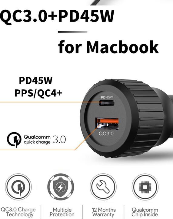 Produktbild PhoneLook Doppel USB Car Adapter Zigarettenanzünder 45W Power Delivery und QC3.0 Fast Charge