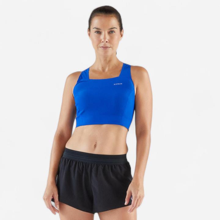 Kiprun Laufshirt Crop Top Damen leicht - Race Crop 900 Light Méline Rollin blau