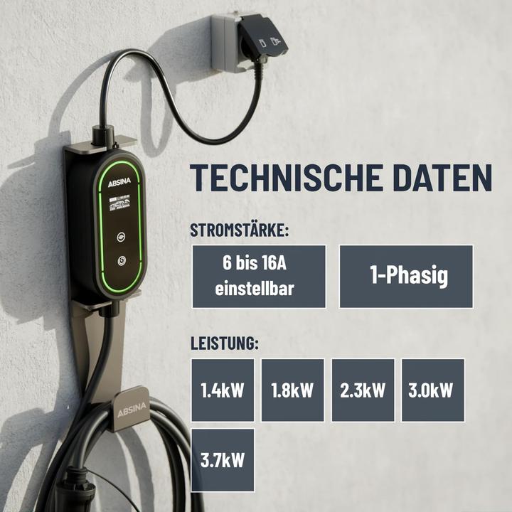Produktbild Absina EV Ladekabel für Elektroautos, Mode 2, 16 A, 3,7 kW (3.70 kW, 16 A)