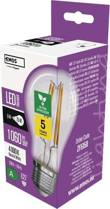 Immagine prodotto Emos Lampada LED a filamento A60 / E27 / 5 W (75 W) / 1 060 lm / Bianco neutro (E27, 5 W, 1060 lm, 1 x, A)