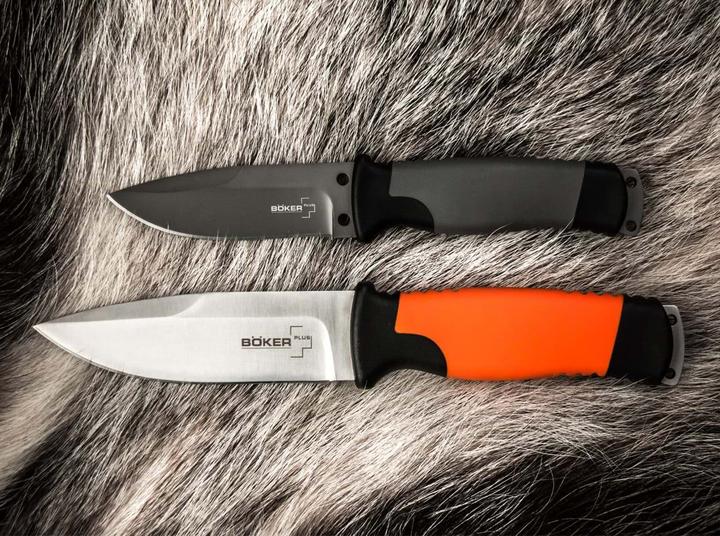 Actual product image Böker Plus 02BO014 Outdoorsman XL Fixed blade knife made of 12C27 steel and rubber in the colour orange. (11.30 cm)